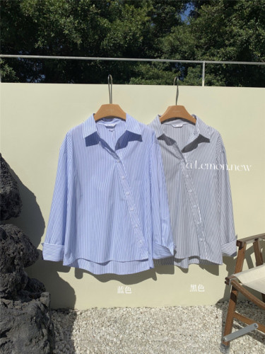 the lemon2023 early spring new design sense niche irregular oblique button striped long-sleeved shirt women