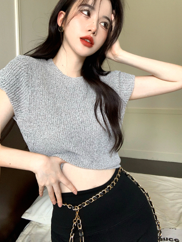 Hong Kong style retro short-sleeved knitted sweater women summer  new design sense sexy hot girl niche short top