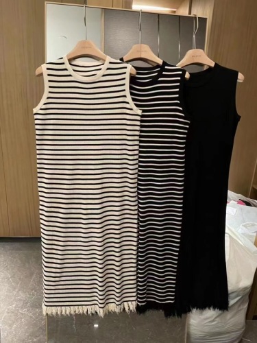 2023 spring and summer new women's clothing design sense tassel striped knitted vest dress sleeveless long skirt lazy style