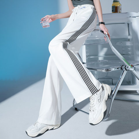  wide-leg pants women's summer thin section drape high waist straight white side striped floor mopping casual lengthened sweatpants