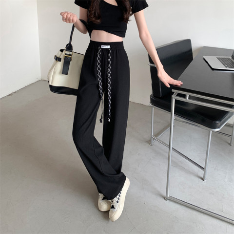 Design sense elastic drawstring casual pants spring and summer  new high waist slim sports wide leg pants women