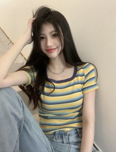 Real price real shot Korean version of square collar contrasting color stripe short section thin top t-shirt