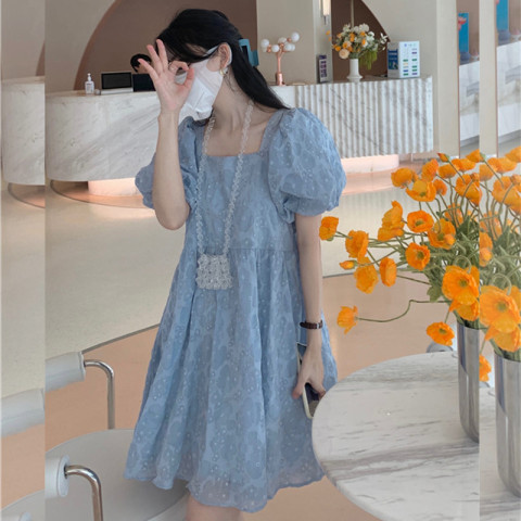 French Square Neck Jacquard Dress Women's Spring and Summer Salt Style Wear with First Love Style Chic Western Style Milk Good Dress