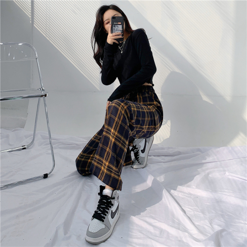2023 spring and summer plaid large size fat pants women's high waist loose straight tube drape slim casual wide leg trousers