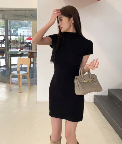 Real shot  spring and summer new minimalist and beautiful tight-fitting half-high collar bottoming short-sleeved dress