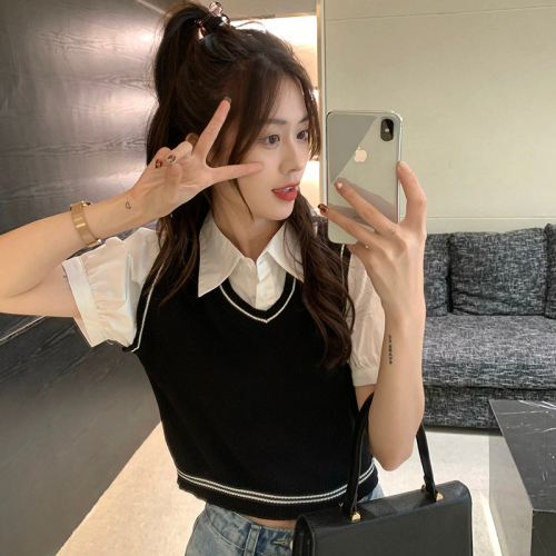 College style summer new short design sense ins top shirt fake two pieces polo collar sweater women