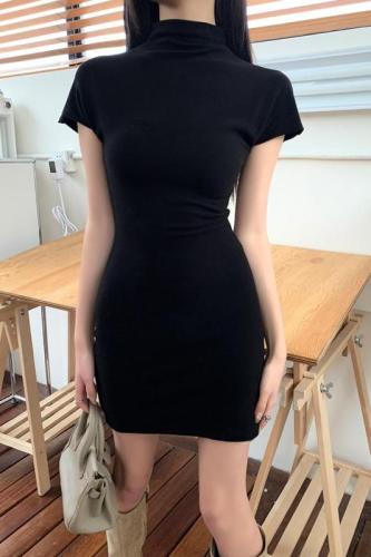 Real shot  spring and summer new minimalist and beautiful tight-fitting half-high collar bottoming short-sleeved dress