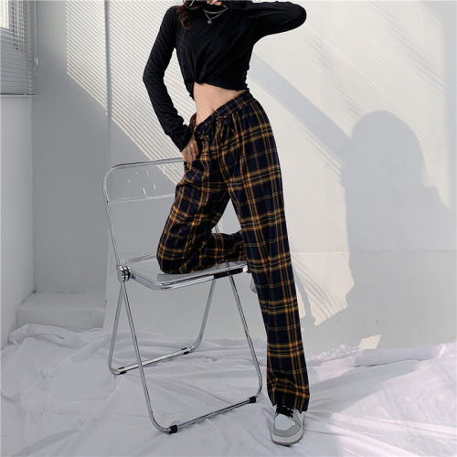 2023 spring and summer plaid large size fat pants women's high waist loose straight tube drape slim casual wide leg trousers