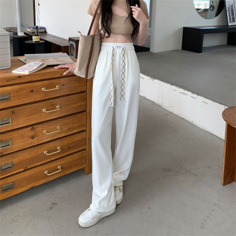 Design sense elastic drawstring casual pants spring and summer  new high waist slim sports wide leg pants women