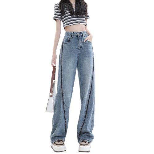 Real shot wide-leg jeans spring new loose high waist drape all-match mopping pants slim straight long pants