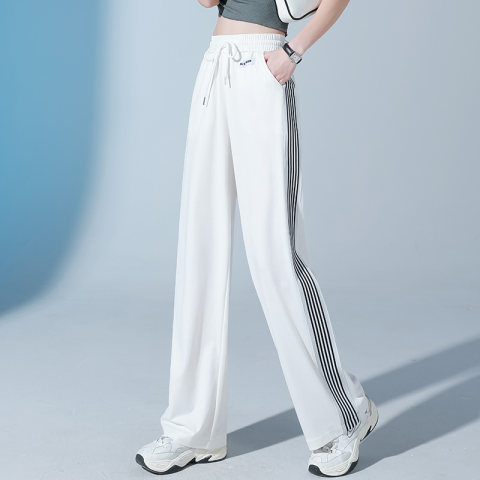  wide-leg pants women's summer thin section drape high waist straight white side striped floor mopping casual lengthened sweatpants