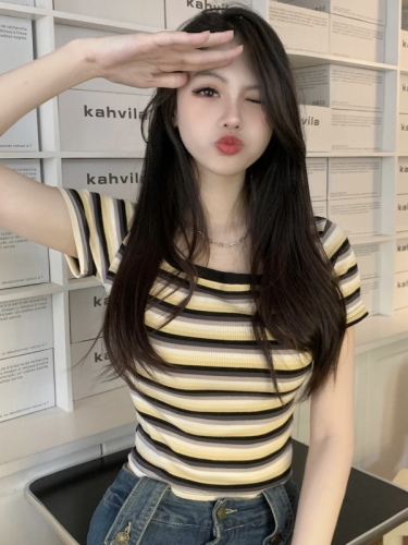 Real price real shot Korean version of square collar contrasting color stripe short section thin top t-shirt