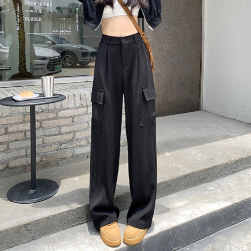 Spring American retro tooling casual pants women's high waist pocket suit pants loose slim straight wide leg trousers