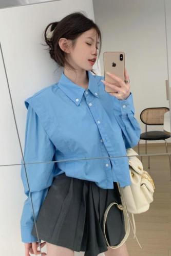 Real price real price early spring design sense lapel solid color short shirt top women