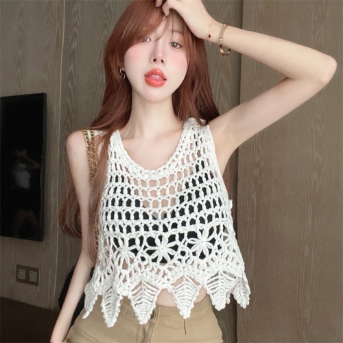 Real shot real price heavy industry niche retro design sense hollow out outerwear short knitted crochet blouse vest top
