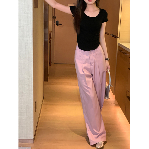 Real shot straight casual suit pants women's 2023 spring niche high waist slimming pleated drape floor mopping wide-leg pants