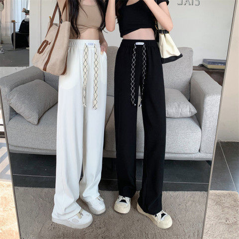 Design sense elastic drawstring casual pants spring and summer  new high waist slim sports wide leg pants women