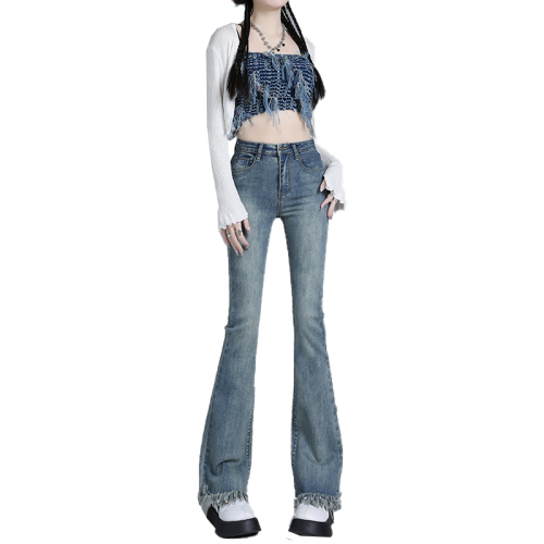 Real shot new high street retro tassel high waist flared jeans women & long trousers