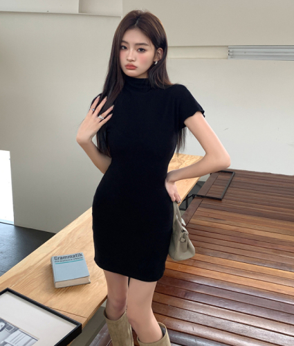 Real shot  spring and summer new minimalist and beautiful tight-fitting half-high collar bottoming short-sleeved dress