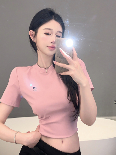 Real shot Pure desire style round neck short-sleeved T-shirt female summer hot girl tight-fitting temperament embroidery crop top