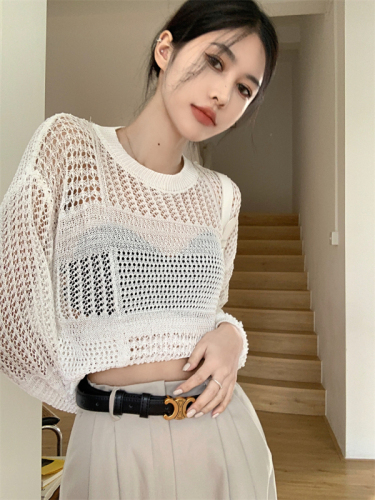 Real shot real price Hollow crochet round neck short knitted sweater women's summer all-match thin sunscreen blouse