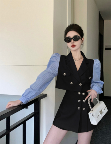 Real price Stitching striped shirt sleeve short suit jacket + high waist hakama two-piece suit