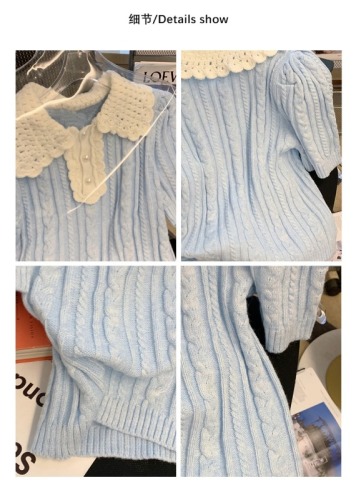 Blue doll collar short-sleeved knitted sweater women's 2023 early spring new small foreign style age-reducing gentle twist sweater