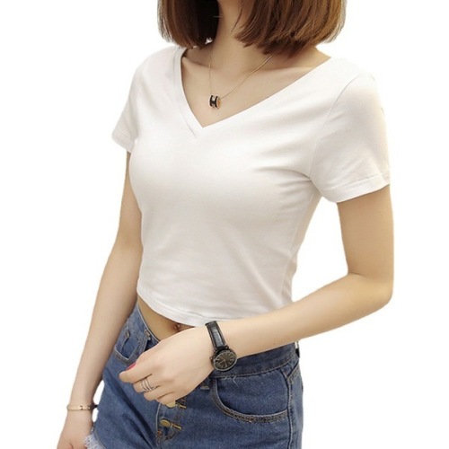 Summer Korean version front and rear V-neck women's short-sleeved T-shirt women's ins solid color tight top