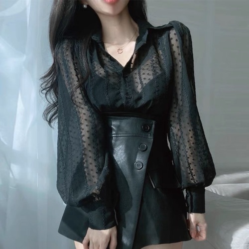 Korean chic autumn elegant temperament lapel heavy industry three-dimensional hook flower loose micro-permeable puff sleeve shirt top female