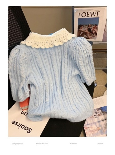 Blue doll collar short-sleeved knitted sweater women's 2023 early spring new small foreign style age-reducing gentle twist sweater