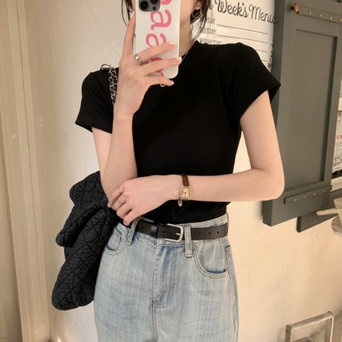 Real shot real price spring and summer Korean version of slim round neck solid color shoulder short sleeve all-match pure cotton T-shirt women's top