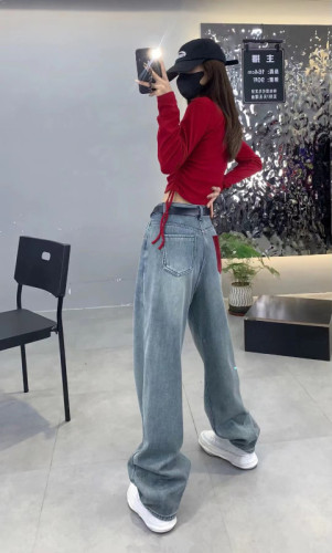 Women's Spring Jeans Loose Slender Red Trouser Pocket Korean Version High Waist Retro Mopping Straight Leg Pants
