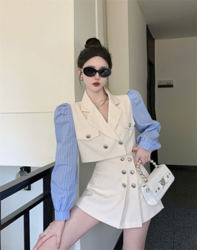 Real price Stitching striped shirt sleeve short suit jacket + high waist hakama two-piece suit