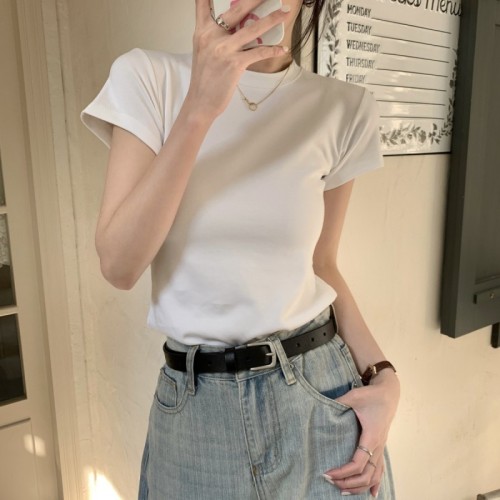 Real shot real price spring and summer Korean version of slim round neck solid color shoulder short sleeve all-match pure cotton T-shirt women's top