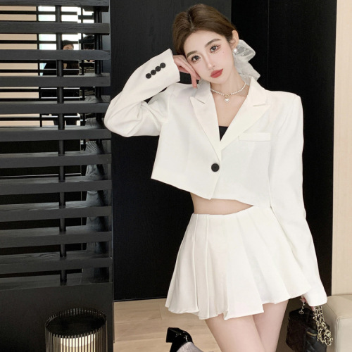 Real shot college style short suit jacket women's 2023 spring new high waist pleated skirt pants suit