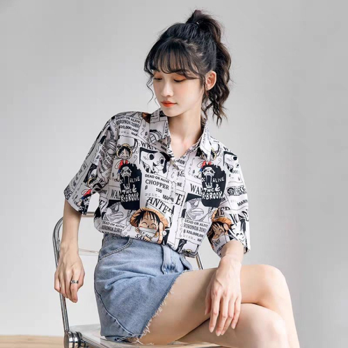 Shirt women's design sense short-sleeved new year summer thin section Korean version loose cartoon printing top tide