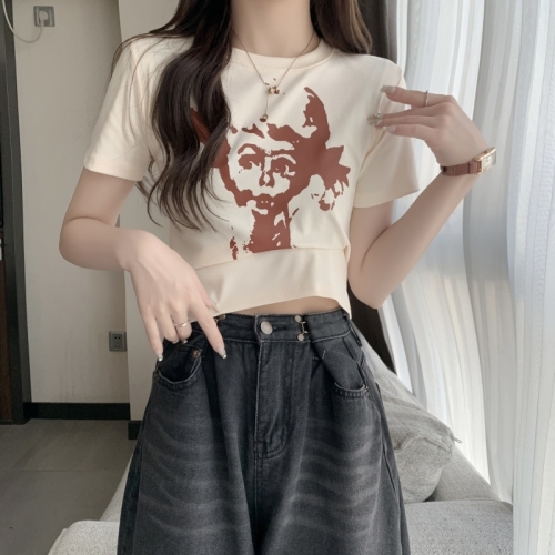 Real shot of pure cotton, Hong Kong style retro printing, slim, short section, navel bottoming top, women's thin, all-match short-sleeved T-shirt trendy