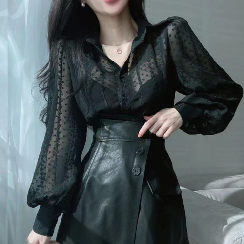 Korean chic autumn elegant temperament lapel heavy industry three-dimensional hook flower loose micro-permeable puff sleeve shirt top female