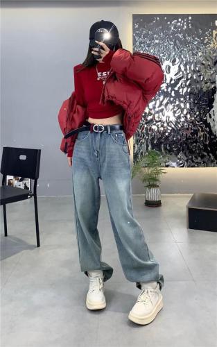 Women's Spring Jeans Loose Slender Red Trouser Pocket Korean Version High Waist Retro Mopping Straight Leg Pants