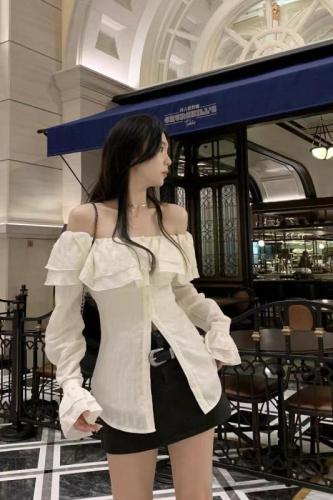 Cactishop Time Elf Ruffle Waist Chiffon Shirt Women's Early Spring New Korean One-shoulder Top