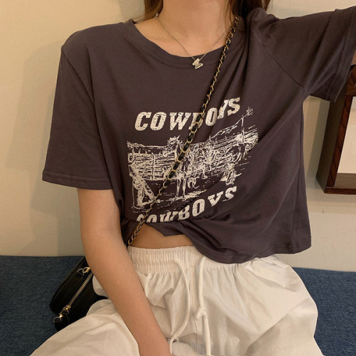 Retro print short short-sleeved T-shirt women's summer new Korean style design girl slim student tops