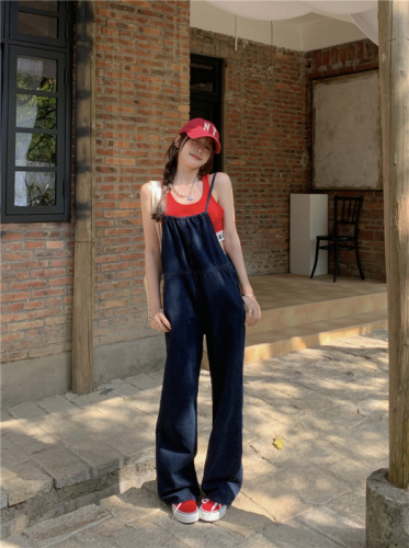 Real price real price suspenders jeans spring and summer retro straight casual wide-leg trousers large size women's floor mopping pants