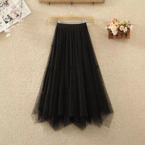 2023 New Mid-length Pleated Skirt Irregular Black Gauze Skirt Wearing Mesh Bow Knot Skirt on Both Sides