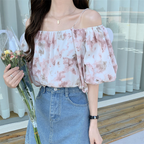 Chiffon shirt women's summer new short-sleeved top women's floral very fairy age-reducing loose one-shoulder
