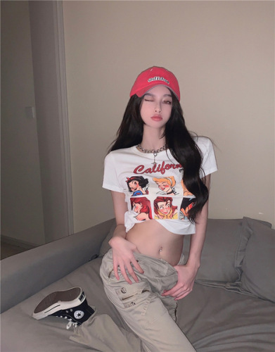 Sweet hot girl cartoon print short-sleeved T-shirt female Korean version cute slim slim short top