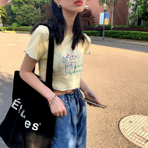 Short-sleeved printed T-shirt female design sense niche summer new short hot girl navel student top ins tide