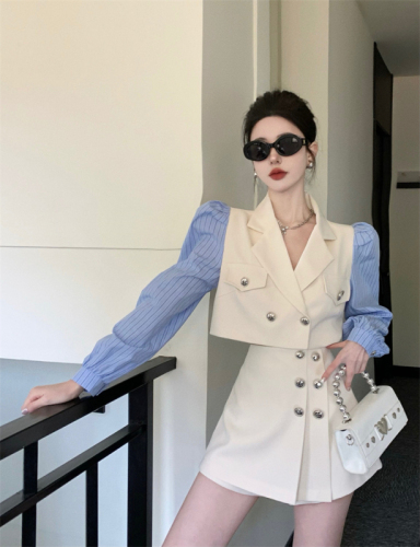 Real price Stitching striped shirt sleeve short suit jacket + high waist hakama two-piece suit