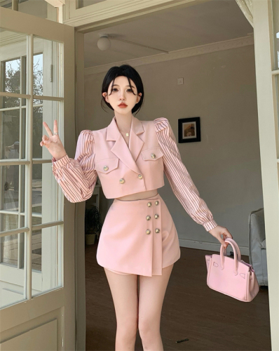 Real price Stitching striped shirt sleeve short suit jacket + high waist hakama two-piece suit