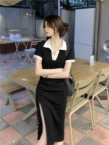 Real price!  Korean version of contrasting color polo collar dress women's self-cultivation slim drawstring pleated hem slit skirt