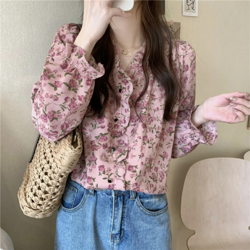 Real price real price French V-neck temperament floral shirt chic niche age-reducing chiffon shirt retro long-sleeved top